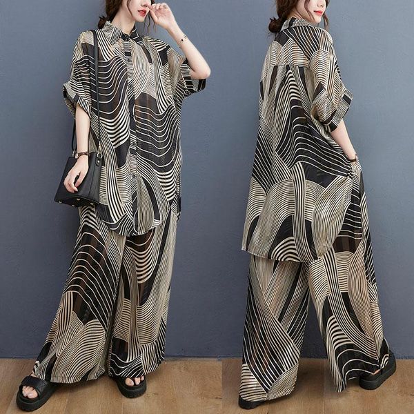 

women's two piece pants oversized shirts suit 2 pieces sets women casual tracksuit loose turn down collar and long wide leg striped ou, White