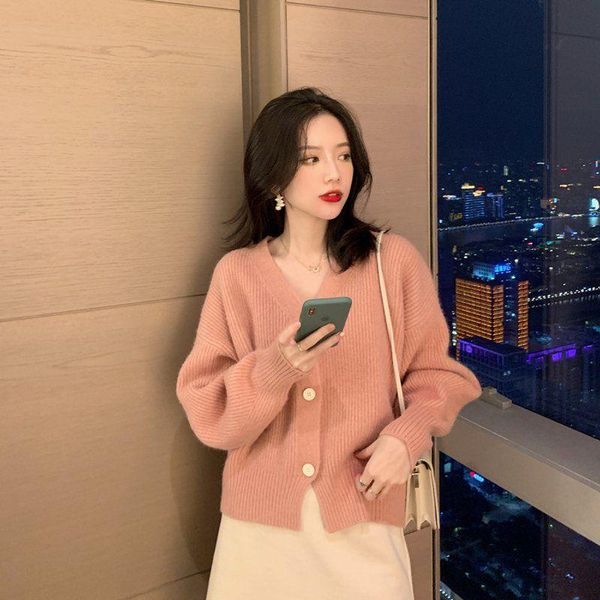 

women's knits & tees 2021 women spring autumn fashion short sweater coats female korean loose knitted jackets ladies v-neck cardigan ju, White