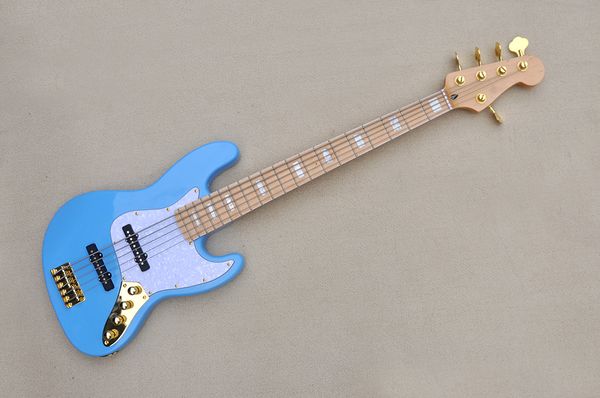 

factory custom blue 5-string electric bass guitar with active circuit,gold hardwares, maple fretboard,white pearl pickguard,can be customize