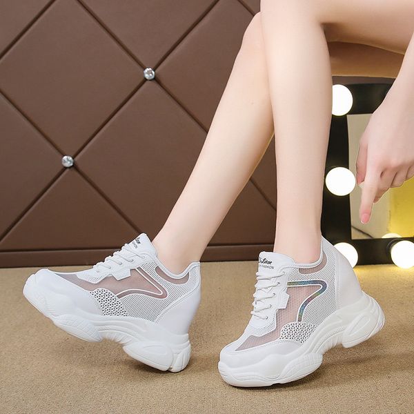 

women summer mesh platform sneakers trainers white shoes 8cm high heels wedges outdoor shoes breathable casual shoes woman 2021, Black