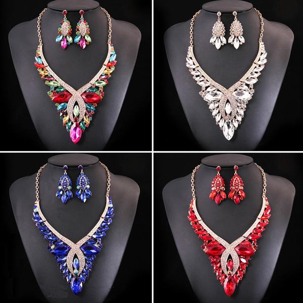 

earrings & necklace luxury water drop crystal bridal jewelry sets statement rhinestone collar bib women wedding party gift costume, Silver