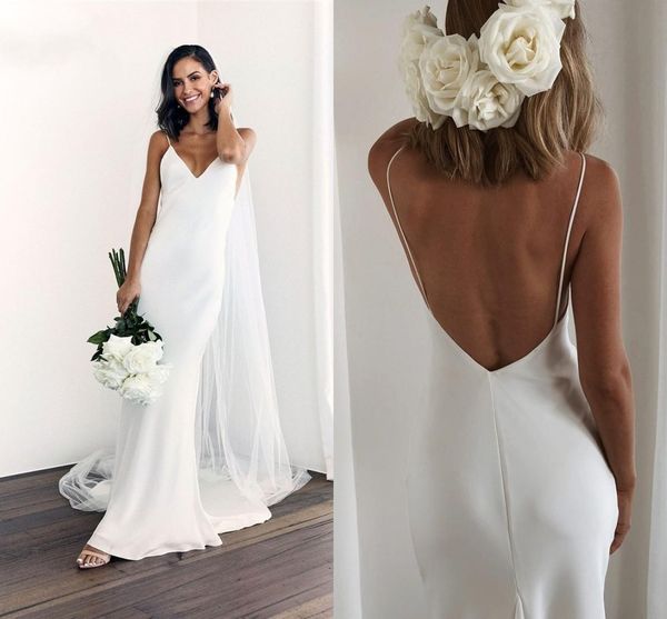 

open back soft satin mermaid wedding gowns 2021 boho garden spaghetti straps simple country bridal dress rustic brides robes de mariÃ©e marri, White