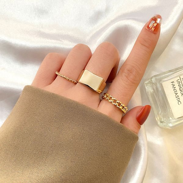 

3pcs/set trendy geometric gold metal joint ring female punk square gold chain finger ring 2021 fashion jewelry gift, Golden;silver
