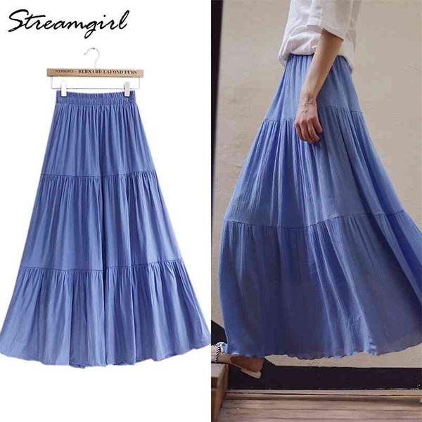 

blue long skirt cotton women boho s s female summer maxi white linen with elastic waist s 210621, Black
