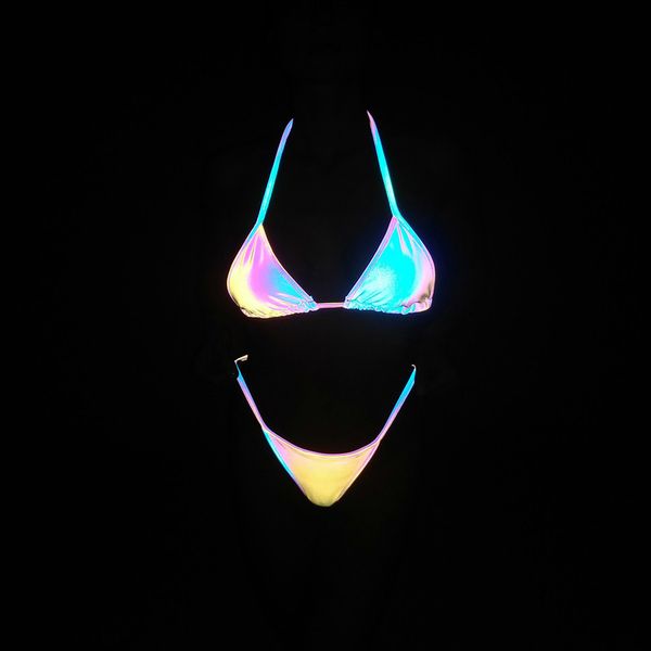 

colorful reflective ins 2021 strap split swimsuit laser bikini, Black;white