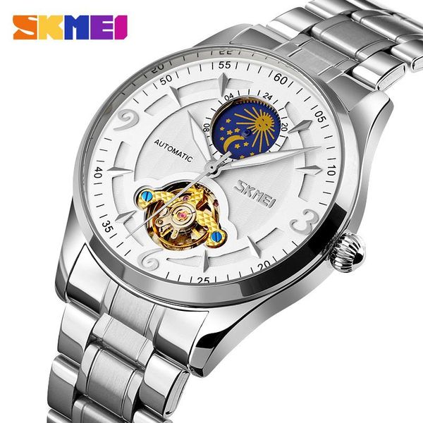 

wristwatches skmei automatic mechanical men watch moon phase waterproof mens hollow watches reloj hombre 9239, Slivery;brown