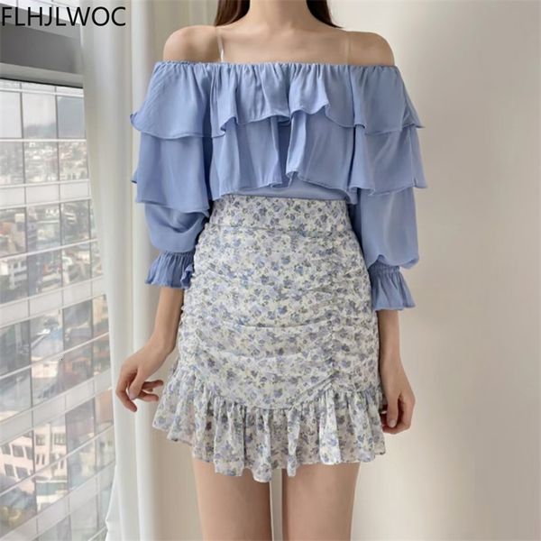 

women's knits & tees summer cute chic korea design blusas fashion women holiday date girls solid ruffled layer off shoul, White