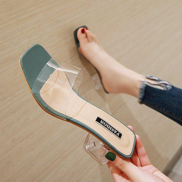

slippers women sandals shoes celebrity wearing simple style pvc clear strappy buckle high heels woman transparent yellow 2021, Black