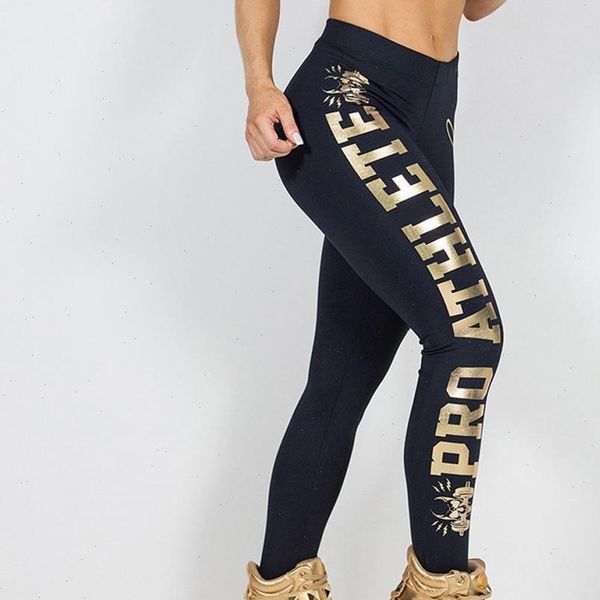 

women pants golden letter printing long black ladies sports gym running fitness mid waist elastic trouser pantaloni donna, Black;white