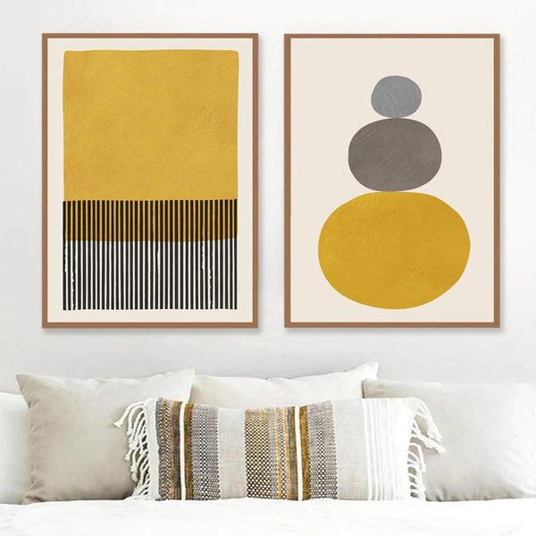 

paintings minimalist style lines stripes circle poster mustard colors gray and black canvas painting wall art print pictures living room