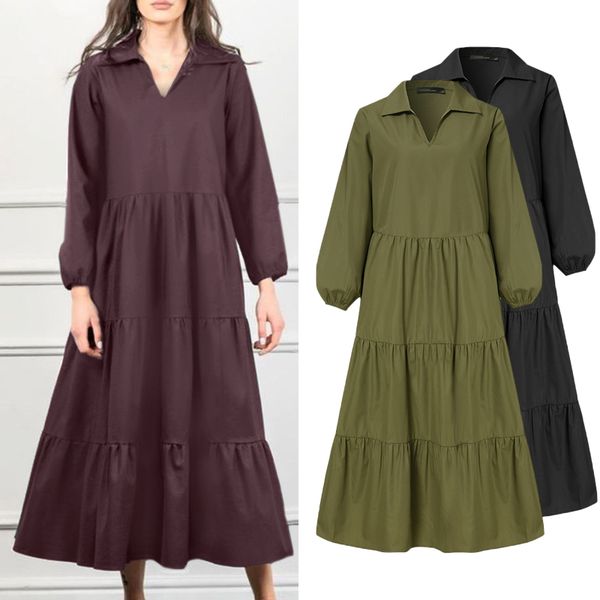 

dresses plus size stylish solid ruffle dress women's spring sundress 2021 casual puff sleeve midi vestidos female v neck robe 5xl, Black;gray