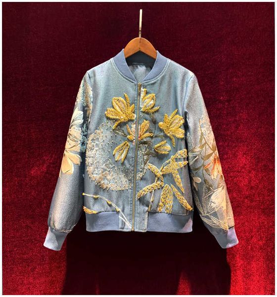 

european and american women's clothing 2020 autumn new style long-sleeved heavy duty beaded jacquard printing fashion coat, Black;brown