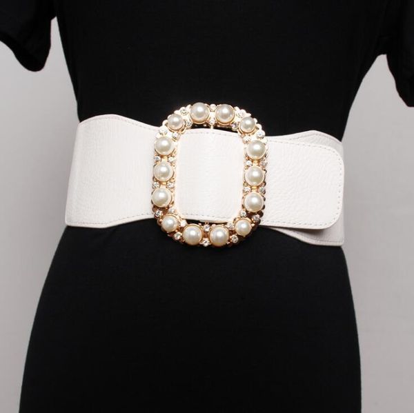 

belts women's runway fashion pearl buckle elastic cummerbunds female dress corsets waistband decoration wide belt r3176, Black;brown