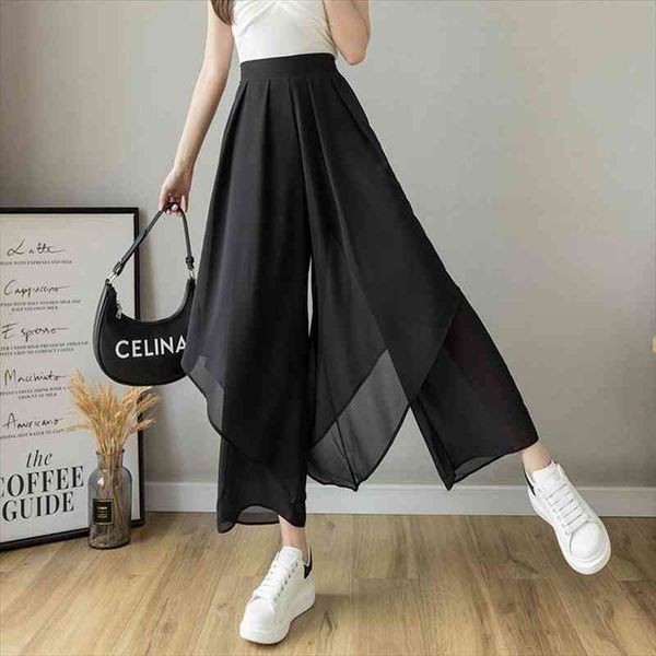

women chiffon skirt pant irregular wild korean fashion clothes pantalones de mujer high waist casual loose trousers summer thin, Black;white