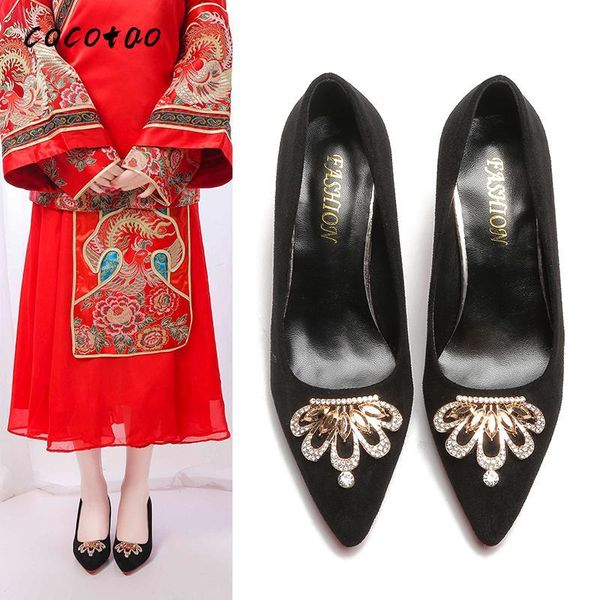 

dress shoes pointed-toe high-heeled women with 2021 spring and summer wild fashion rhinestone crown wedding, Black