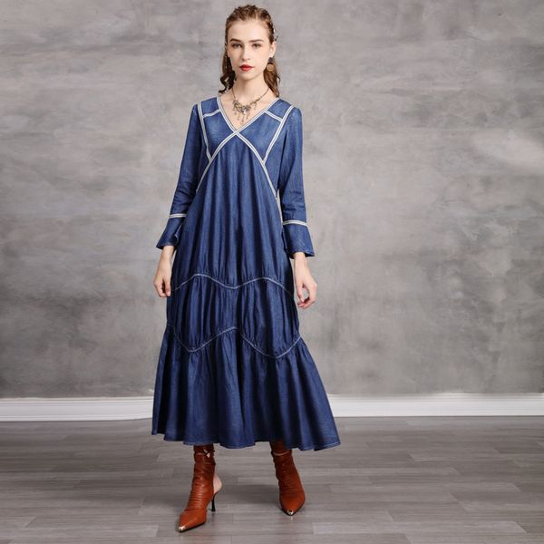 

johnature women denim vintage dresses v-neck butterfly sleeve patchwork autumn blue casual a-line female dresses 210521, Black;gray