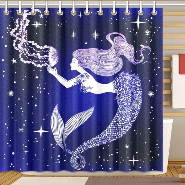 

galaxy mermaid with jellyfish shower curtain bathroom sets, novelty bath decoration polyester curtain 72 x 72 inches