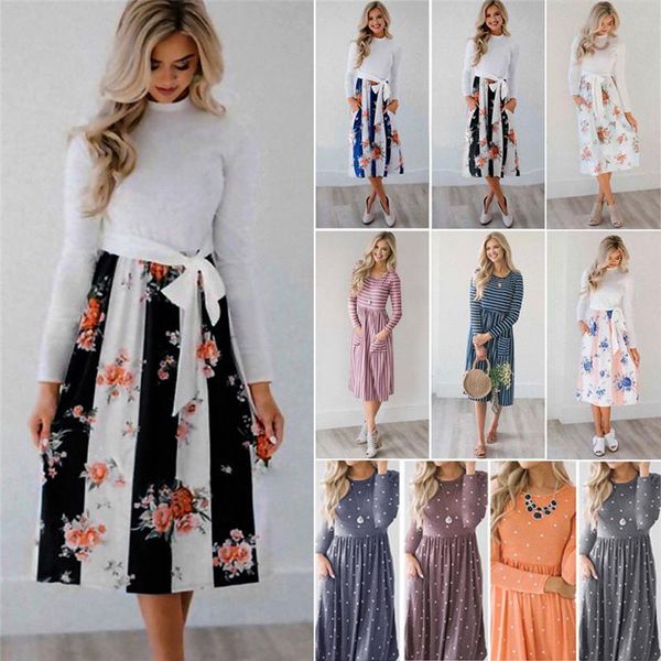 

casual dresses vintage women dress fall spring est long sleeve elegant o neck print fashion knee-length holiday female vestidos, Black;gray