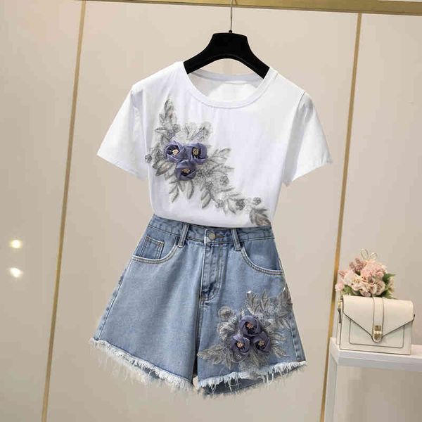 

women's jumpsuits & rompers european two piece set women embroidery 3d flower cotton tshirt + short jeans suits summer sleeve top, Black;white