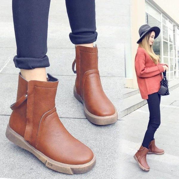 

women's boots 2021 autumn and winter solid color double zipper ankle female flat non-slip soft pu student, Black