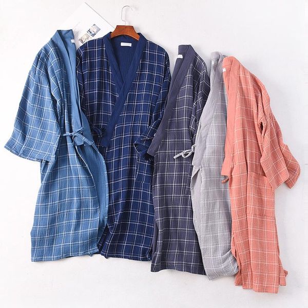 

women's sleepwear couples gauze kimono robes plaid bathrobe homewear long sleeve cotton robe women and men sleep loose soft, Black;red