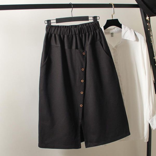 

skirts large size women elastic waist skirt cotton ladies mid-calf with bottons solid color loose casual black army green 4xl