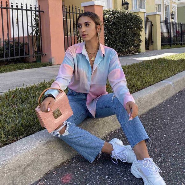 

women's knits & tees knits office lady tie-dye streetwear blouse long sleeve turn down collar elegant casual shirt autumn fashion women, White