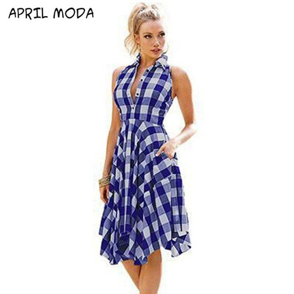 

vintage women sleeveless plaid a-line slim pleated shirt dresses summer casual temperament lapel beach party dress, Black;gray