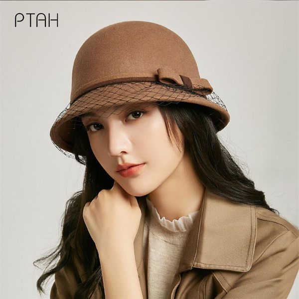 

stingy brim hats [ptah] winter fedoras for women wedding hat temperament elegant autumn bow cap 100% wool high quality, Blue;gray