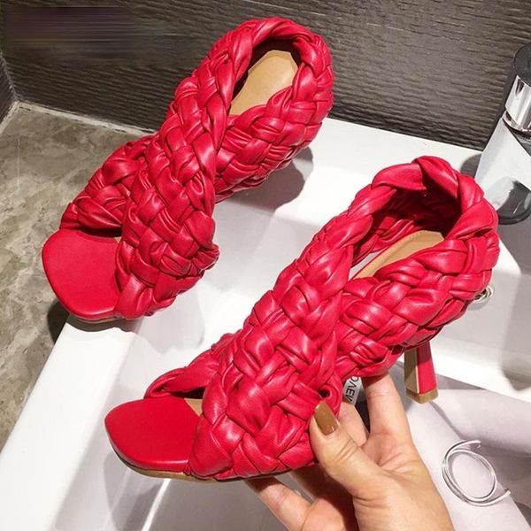 

thin high heels fashion ladies gladiator sandals weave open toe slip on rome slides women dress shoes size 41 42, Black