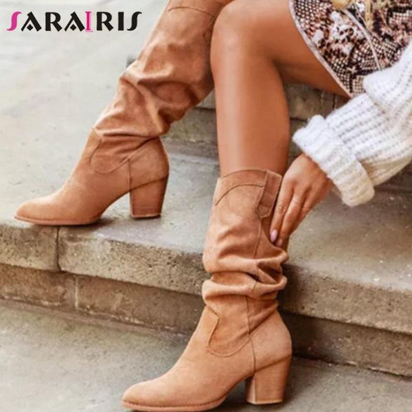 

boots sarairis vintage solid retro rome female western slip on mid calf chunky heel platform cowboy cowgirl casual shoes, Black