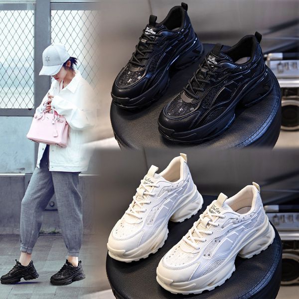 

film bottom daddy shoes women's 2021 autumn leather running black sports fashion, Black;white