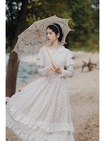 

casual dresses spring autumn dress women vintage elegant floral print 100%cotton sweet mori girls lace patchwork long vestido feminino, Black;gray