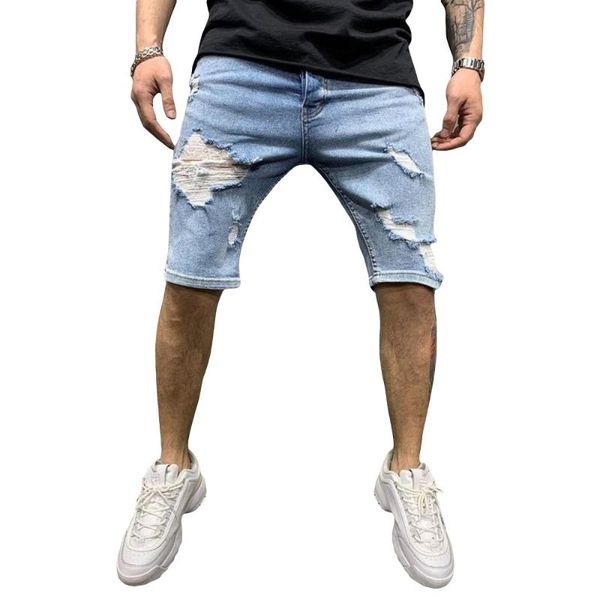 

fashion men ripped jeans 2021 summer mens stretch short casual slim fit high waist male denim shorts clothes men's, Blue