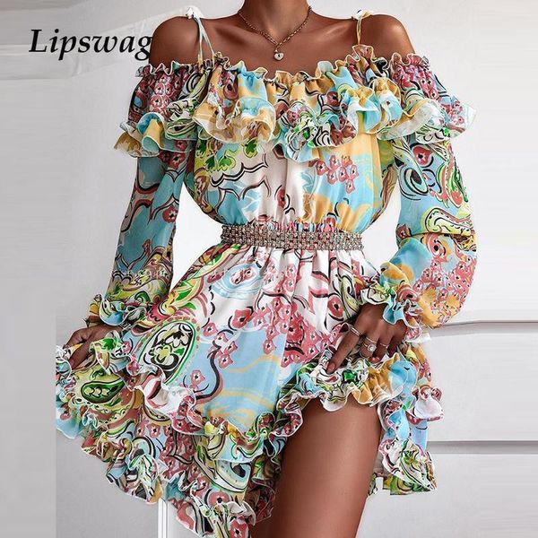 

casual dresses women off shoulder floral dress 2021 autumn hollow out long sleeve party retro v neck pattern printed lady mujer, Black;gray
