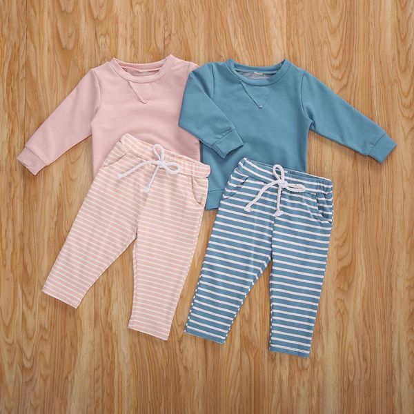 

newborn baby girls babys long-sleeved trousers suit fresh solid t-shirt and elastic stripe long pants spring autumn clothing, White