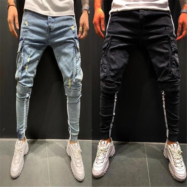 

men's jeans 2021 all season european and american jeans, elastic skinny trousers with holes in the leg, Blue