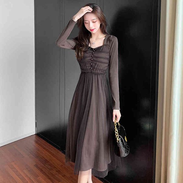 

women mesh dress autumn winter fashion female long sleeve vintage a-line casual elastic knitting dresses vestido two layers 210423, Black;gray