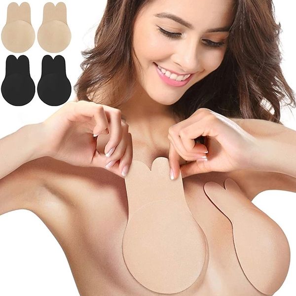 

women intimates accessories push up bras self adhesive silicone strapless invisible bra reusable sticky breast lift tape rabbit nipple cover, Black;white