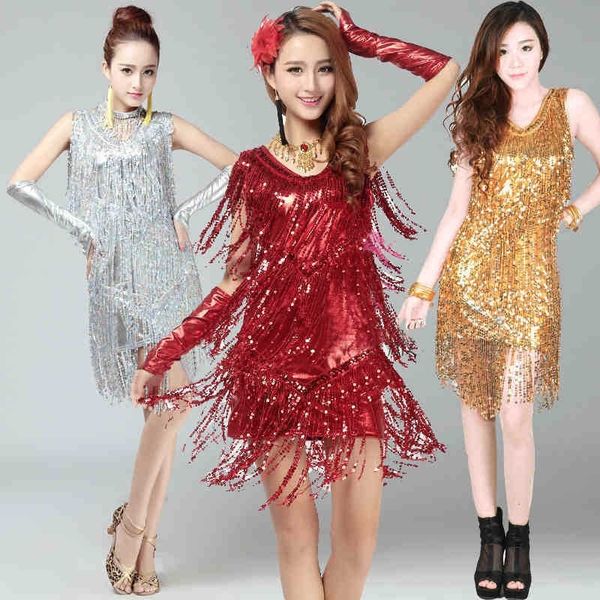 

2020 summer new performance tassel sequin chacha latin dance dress square dance dress, Black;red