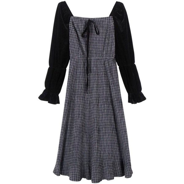 

casual dresses lattice splicing velvet pastel vestidos elegant retro vacation robe spring fall style long plus size black dress women, Black;gray