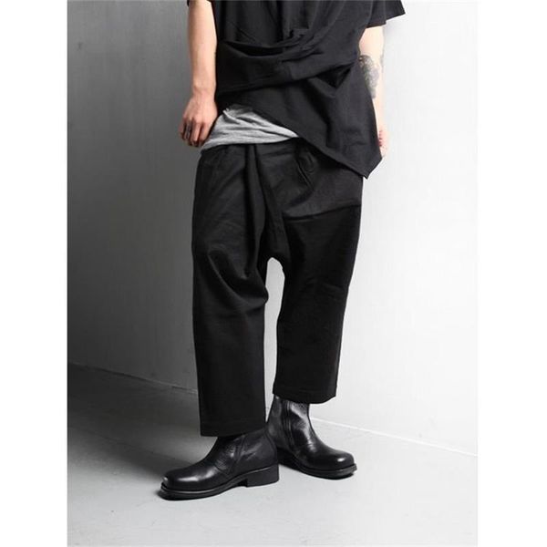 

men's pants large size crotch hanging pure color versatile casual korean fashion drawstring elastic loose harlan, Black