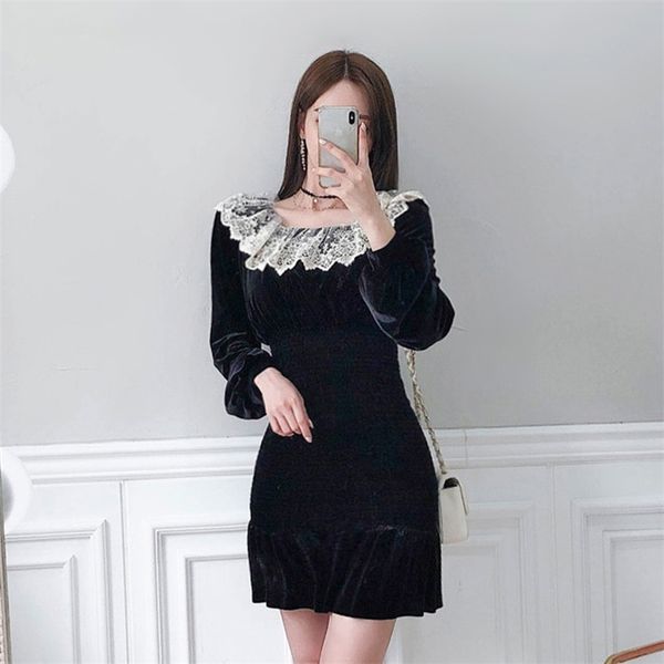 

han edition in the fall of lace crochet falbala collar cultivate one's morality package buttocks velvet dress 210602, Black;gray