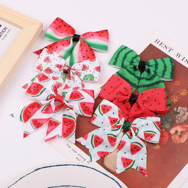 

hair accessories 3.85 inches kids boutique bows with clip printed originality watermelon design lovely pins for children, Slivery;white