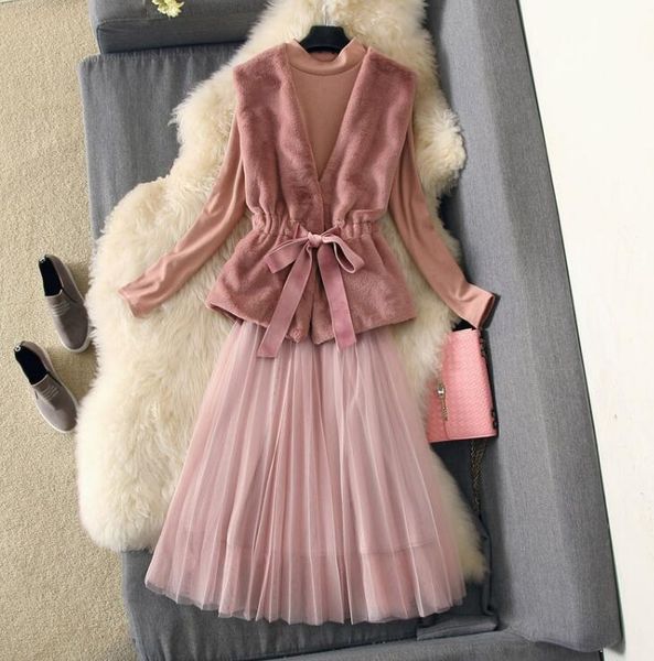 

women's two piece pants fashion suit dress 2021 fall winter fur vest + t shirt gauze skirt three-piece long mesh sets ladies vestidos f, White