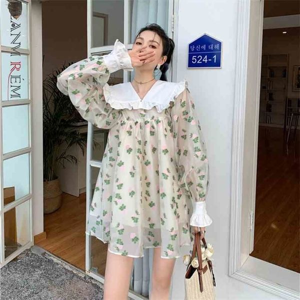 

women flower printed long sleeve peter pan collar dress mesh layer large size dresses lady fashion summer 2h088 210526, Black;gray