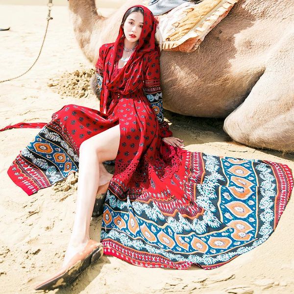 

casual dresses high-end custom luxury runway designer dress women's vintage simple giant swing national red long, Black;gray