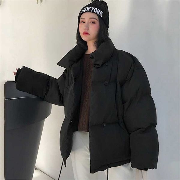 

korean style stand collar winter jacket women breasted buttons winter coat for women short black puffer jacket parka female 211007