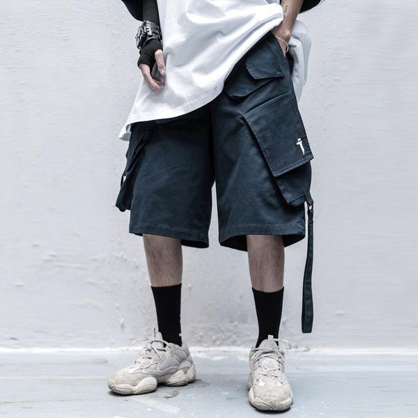 

men's shorts hip hop ribbons joggers cargo men summer multi pockets casual knee length short tactical pants streetwear techwear, White;black