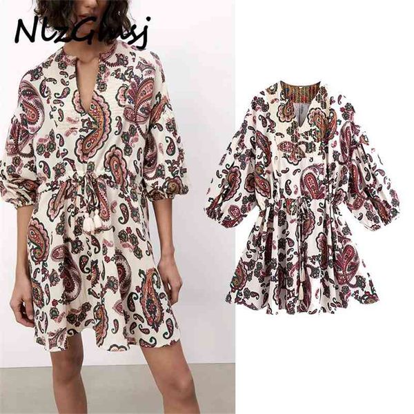 

woman dress paisley print short e elastic waist adjusable tied puff sleeve casual mini 04 210628, Black;gray